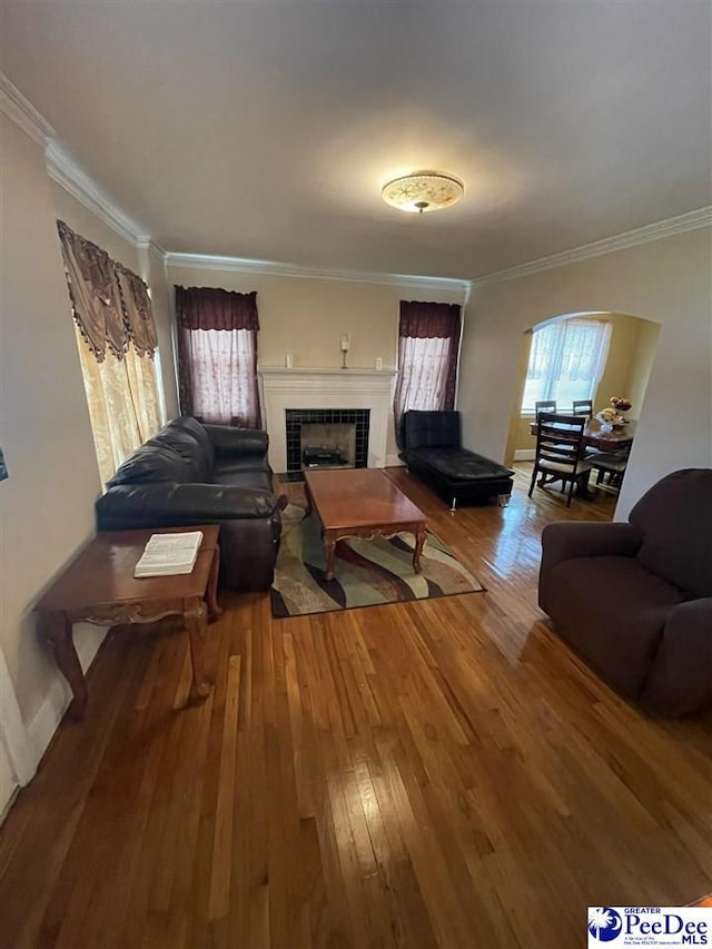 living room with a tiled fireplace, hardwood / wood-style flooring, and ornamental molding