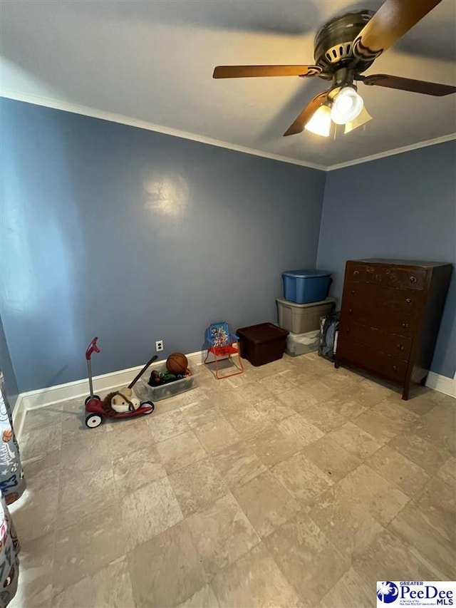 unfurnished bedroom with crown molding and ceiling fan