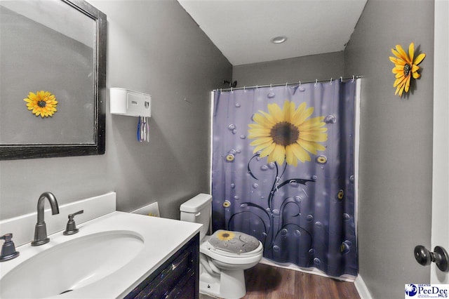 bathroom featuring vanity, hardwood / wood-style floors, a shower with curtain, and toilet