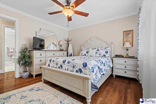 bedroom featuring crown molding, a ceiling fan, and dark wood-type flooring