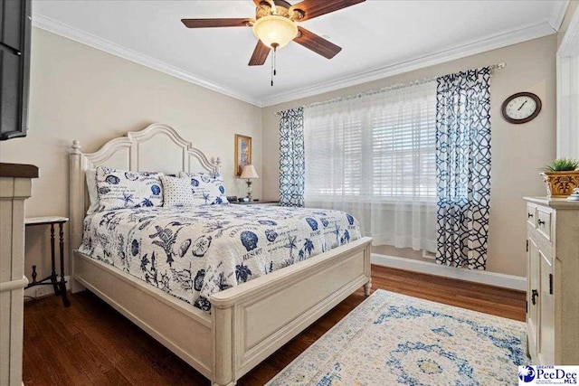 bedroom with dark wood-style floors, ceiling fan, baseboards, and crown molding