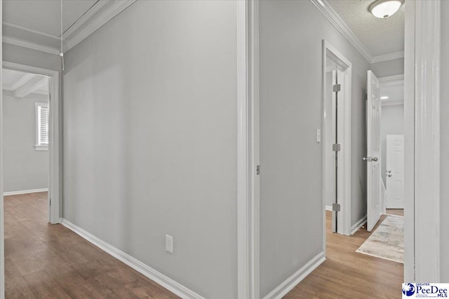 corridor with a textured ceiling, crown molding, baseboards, attic access, and dark wood-style floors