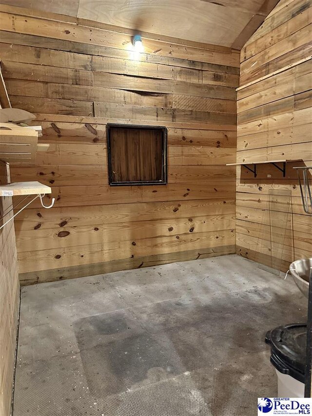 spare room with lofted ceiling and wood walls