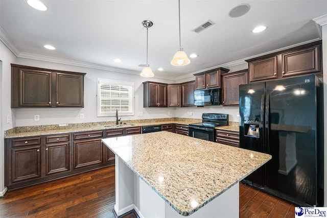 1224 Barn Owl Rd, Effingham, SC 29541 - kitchen featuring black appliances, a sink, ornamental molding, dark brown cabinetry, and dark wood finished floors