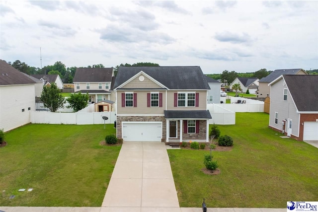 1224 Barn Owl Rd, Effingham, SC 29541 - traditional-style house with a residential view, an attached garage, concrete driveway, and stone siding