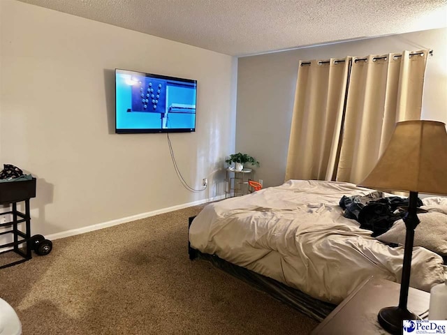 bedroom with carpet floors, baseboards, and a textured ceiling