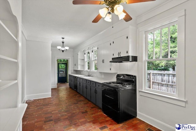 701 S Coit St, Florence, SC 29501 - kitchen featuring black electric range, a sink, open shelves, under cabinet range hood, and healthy amount of natural light