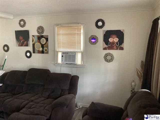 living room with cooling unit and crown molding