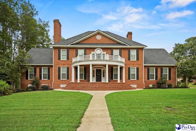 colonial inspired home with a balcony, covered porch, and a front lawn