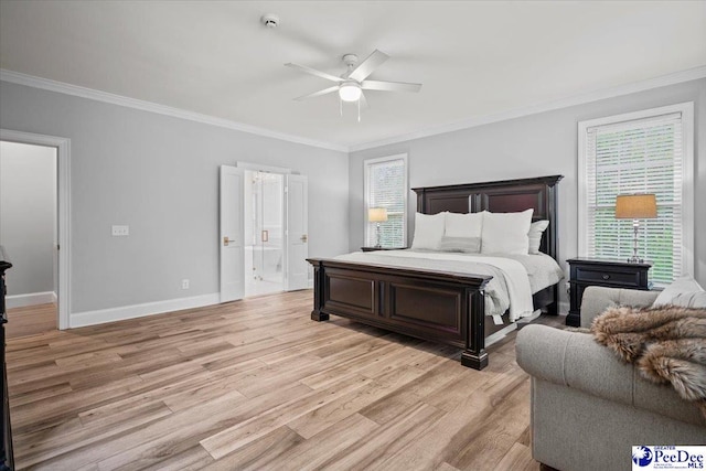 bedroom with ceiling fan, ornamental molding, ensuite bathroom, and light hardwood / wood-style flooring