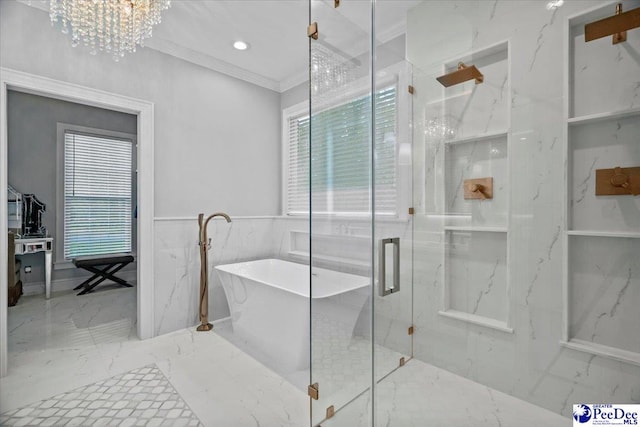 bathroom featuring crown molding, a healthy amount of sunlight, separate shower and tub, and tile walls