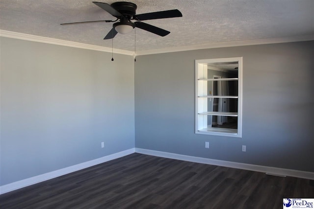 spare room featuring crown molding, ceiling fan, baseboards, dark wood-style floors, and a textured ceiling