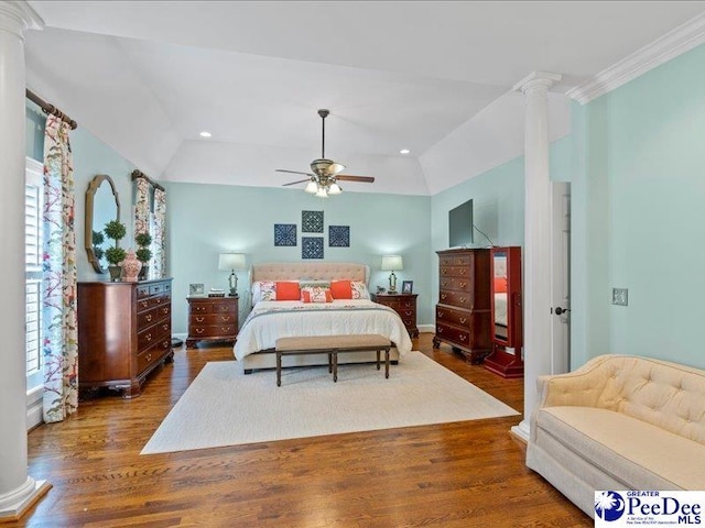 bedroom with decorative columns, a ceiling fan, lofted ceiling, wood finished floors, and recessed lighting