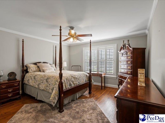 bedroom featuring baseboards, ornamental molding, ceiling fan, and wood finished floors