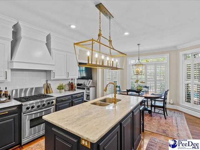 kitchen featuring white cabinets, ornamental molding, stainless steel gas range, premium range hood, and a sink