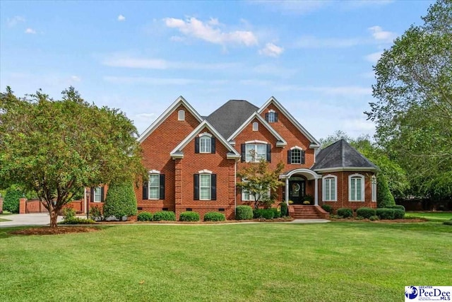 view of front of property with brick siding, crawl space, and a front yard