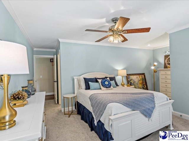 bedroom with ornamental molding, light colored carpet, baseboards, and a ceiling fan