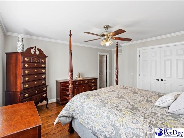 bedroom with dark wood-style floors, crown molding, a closet, a ceiling fan, and baseboards