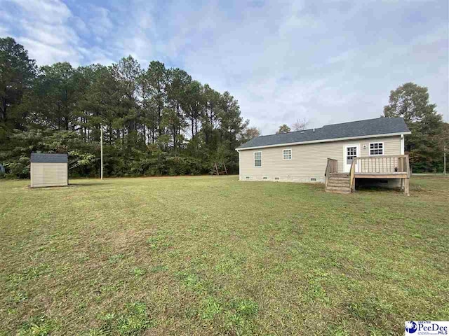 exterior space with a wooden deck and a shed