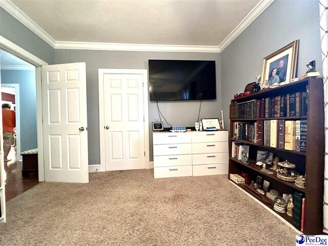 bedroom featuring ornamental molding and carpet floors