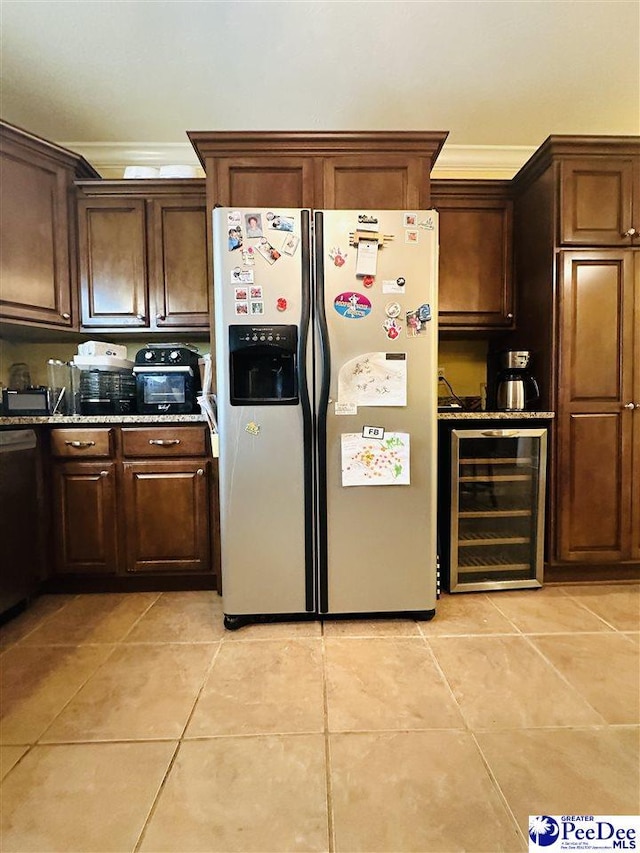 kitchen with wine cooler, stainless steel fridge, dishwasher, and light tile patterned flooring