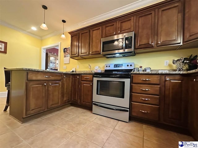 kitchen with decorative light fixtures, light stone counters, kitchen peninsula, stainless steel appliances, and crown molding