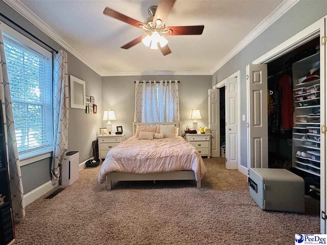 carpeted bedroom with ornamental molding, ceiling fan, and a closet