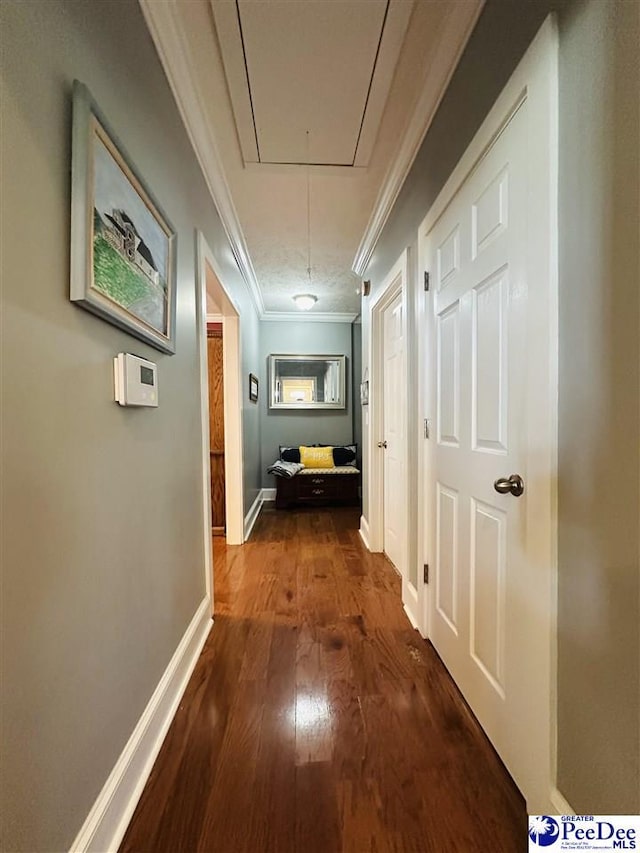 hall featuring crown molding and dark hardwood / wood-style flooring