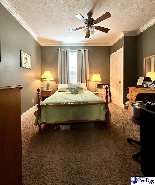 bedroom featuring ceiling fan, ornamental molding, carpet flooring, and a textured ceiling