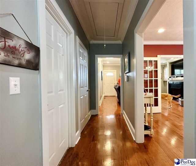 hall featuring ornamental molding and wood-type flooring