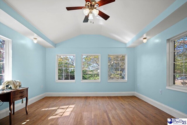 interior space featuring ceiling fan, wood-type flooring, and vaulted ceiling