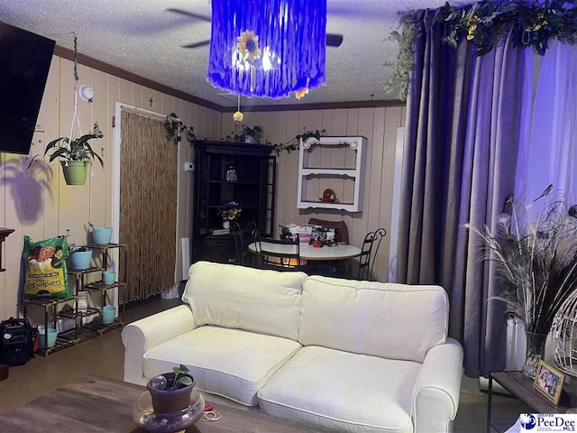 living room with crown molding and a textured ceiling