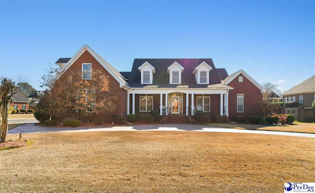 cape cod home featuring a front yard and covered porch