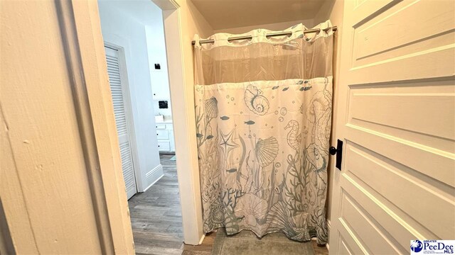 bathroom featuring hardwood / wood-style flooring and a shower with curtain