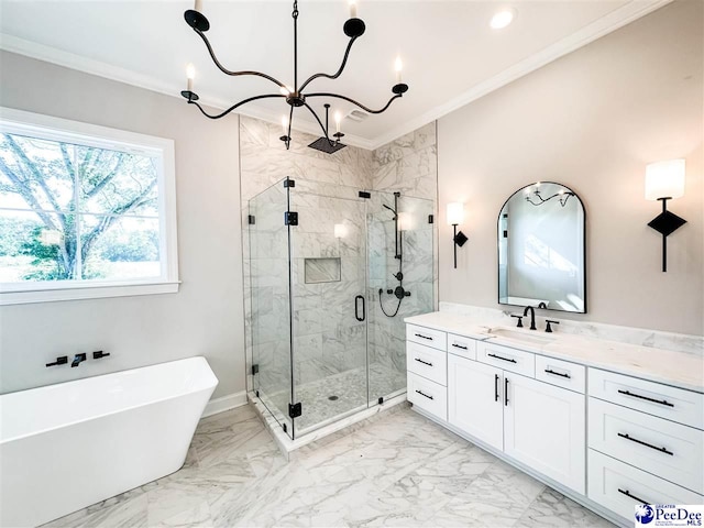 bathroom featuring a chandelier, marble finish floor, ornamental molding, a soaking tub, and a stall shower