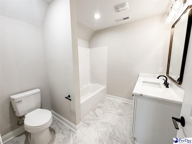 full bathroom featuring marble finish floor, visible vents, baseboards, and toilet