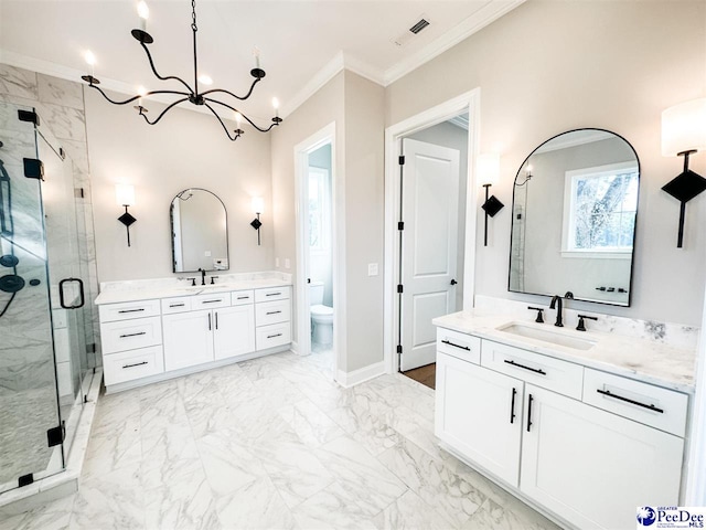 full bath featuring marble finish floor, crown molding, toilet, a sink, and a shower stall