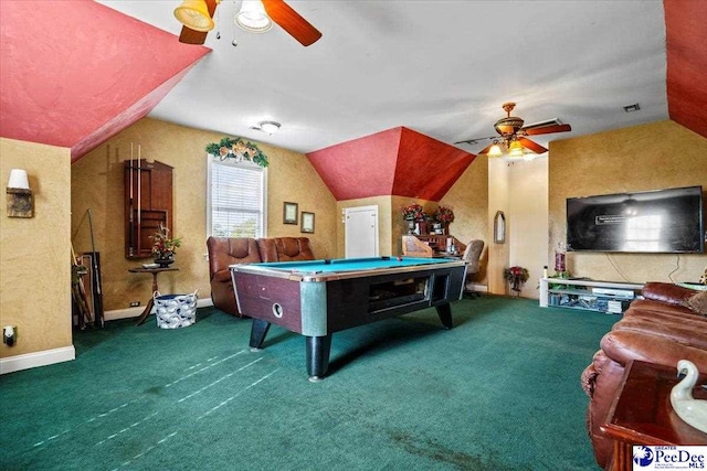 rec room featuring lofted ceiling, billiards, ceiling fan, and dark colored carpet