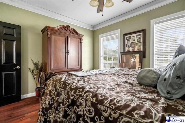 bedroom with ceiling fan, ornamental molding, dark hardwood / wood-style flooring, and multiple windows