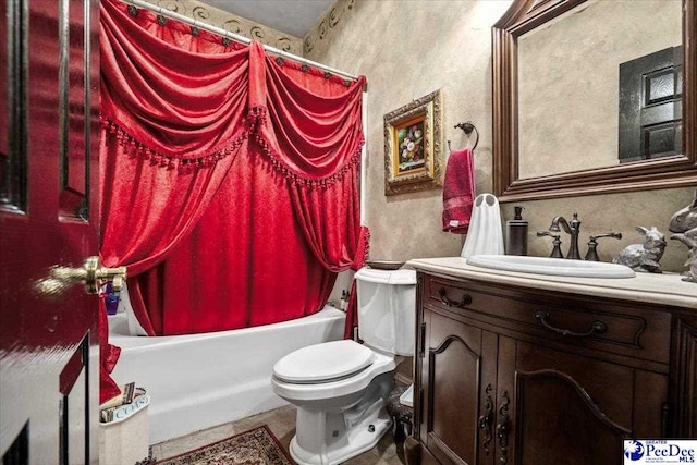 full bathroom with vanity, toilet, and shower / tub combo with curtain