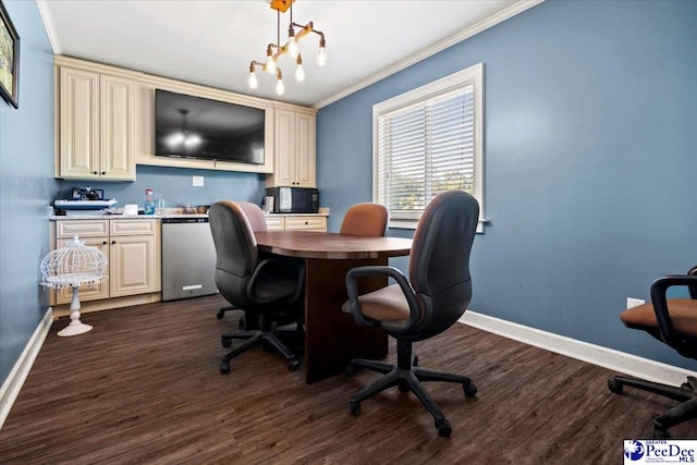 office featuring dark hardwood / wood-style flooring, a notable chandelier, and ornamental molding