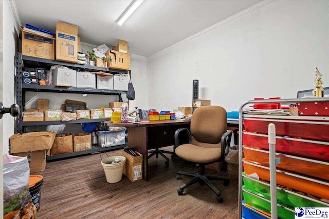 home office with crown molding and wood-type flooring