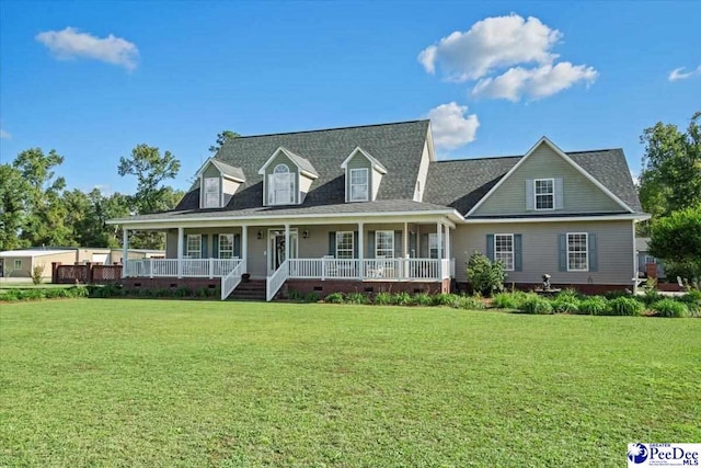 cape cod home with a front yard and covered porch