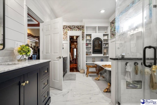 bathroom featuring crown molding, vanity, and plus walk in shower