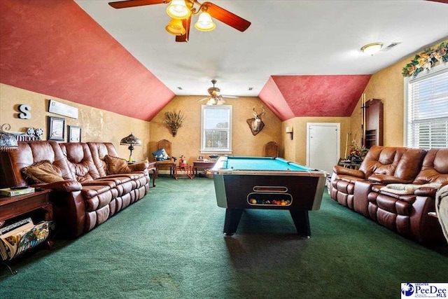 game room featuring carpet, lofted ceiling, ceiling fan, and billiards