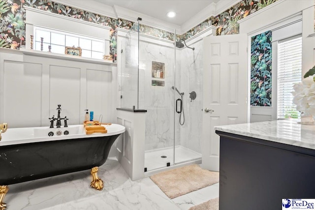 bathroom with a wealth of natural light, ornamental molding, and plus walk in shower