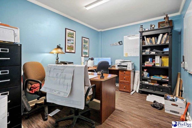 office area with crown molding and wood-type flooring