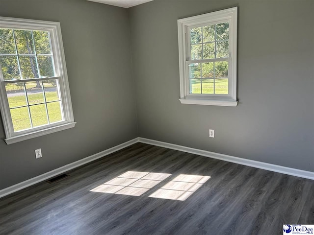 empty room with plenty of natural light and dark hardwood / wood-style flooring