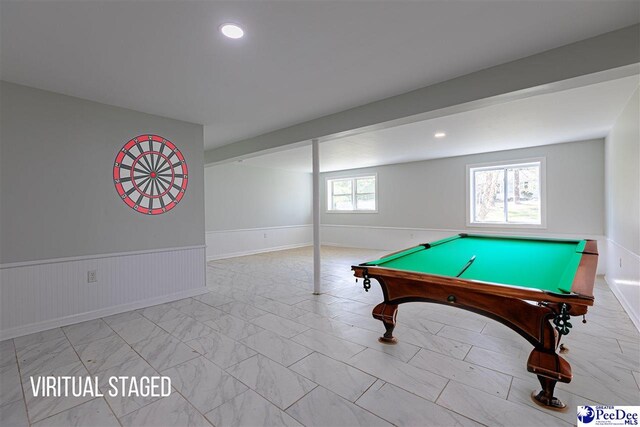 playroom with billiards, a wainscoted wall, marble finish floor, and recessed lighting