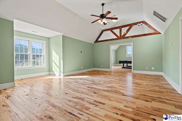 unfurnished living room featuring lofted ceiling, a wealth of natural light, and light wood-type flooring